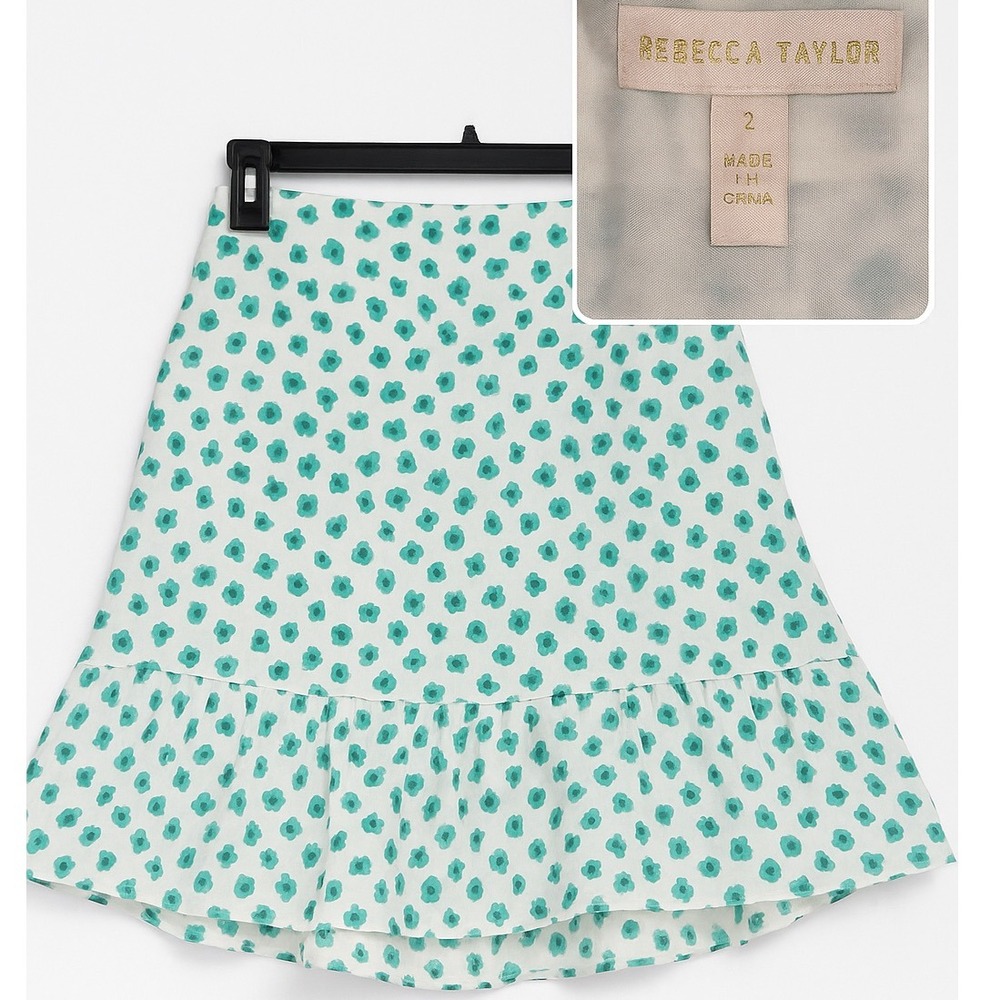 Rebecca Taylor Women's‎ White Green Floral Print Ruffle Wrap Skirt Size 2